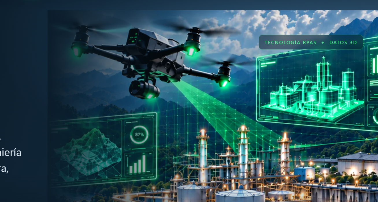 Drone above an industrial facility with a digital visualization overlay